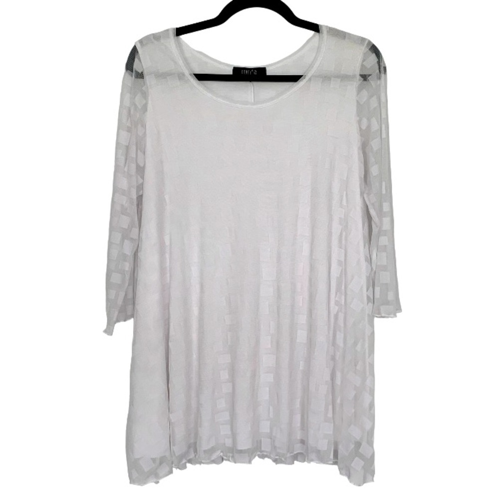 COMFY USA Women’s Tunic Top White Sheer Delicate Mesh/Lined Square Pattern L